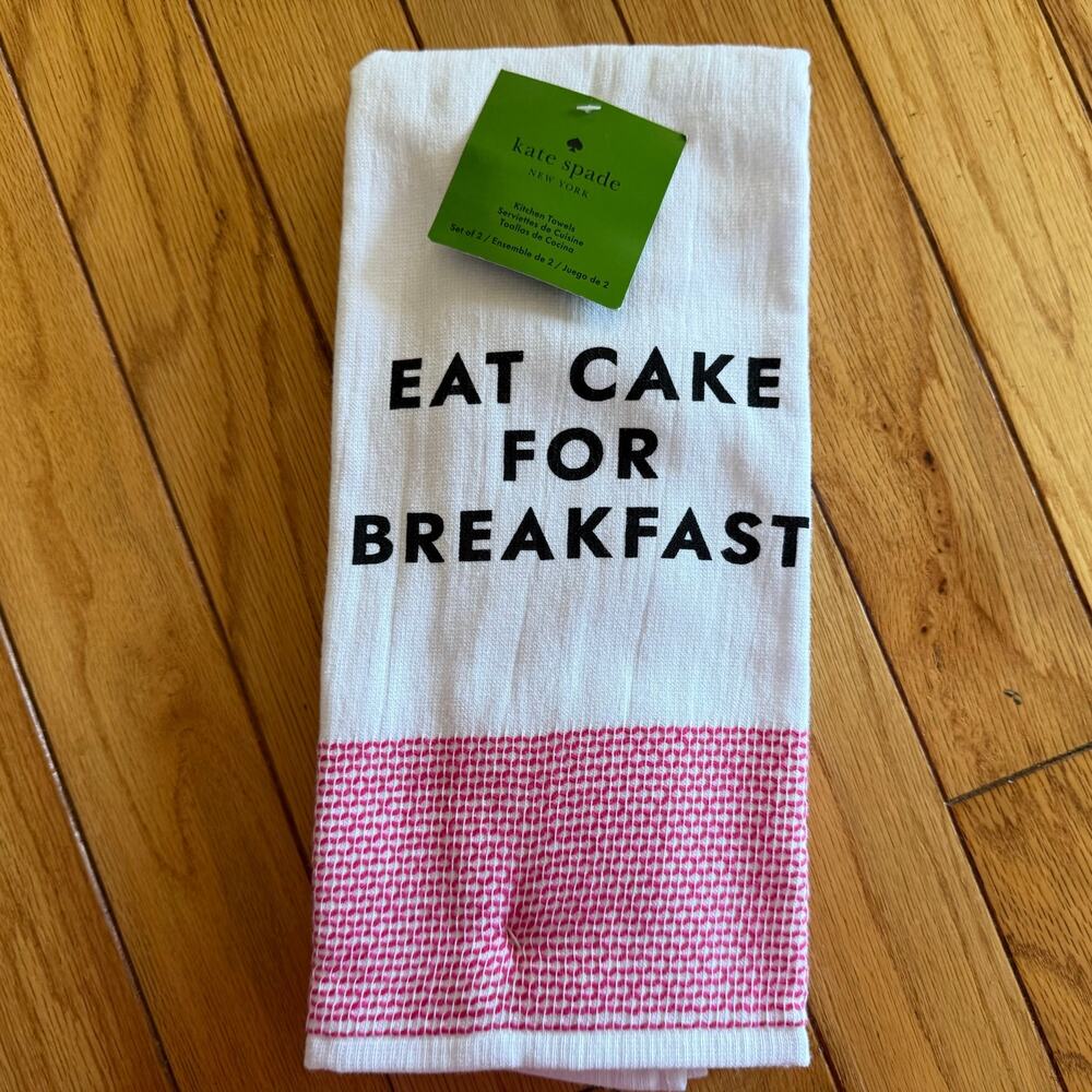 Kate Spade New York Eat Cake For Breakfast Kitchen Towels Set 2 White Pink NWT
